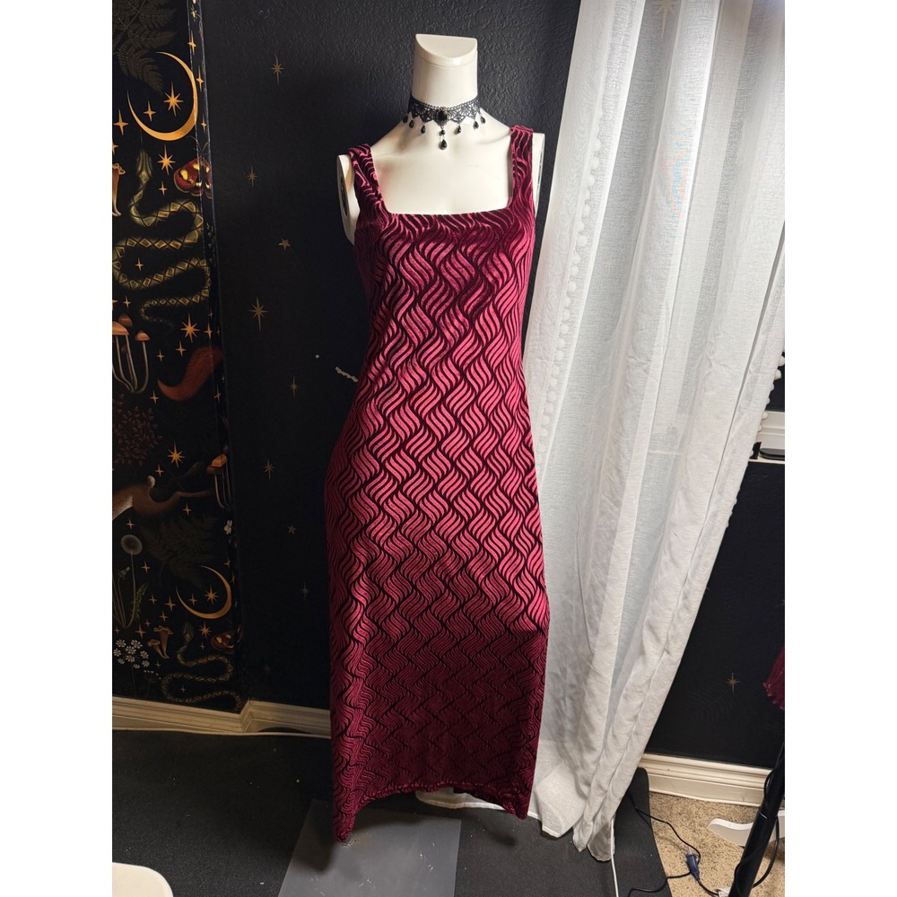 Vintage Be Smart Red Black Flocked Velvet Wave Maxi Dress Square Neck USA Made